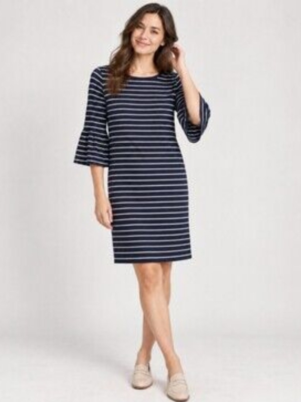 White House Black Market Navy White Striped Bell Sleeve Midi Dress XL JerseyKnit